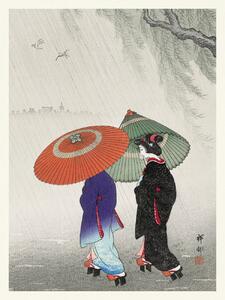 Reprodukcija umjetnosti Geisha in the Rain / Wearing Traditional Kimono (Japandi Vintage) - Ohara Koson, (30 x 40 cm)
