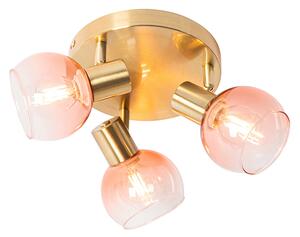 Art Deco stropni reflektor zlatni s ružičastim staklom 3 svjetla - Vidro