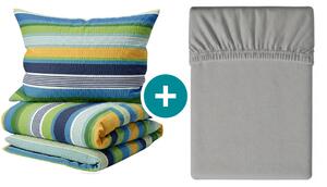 Set krep posteljine LINIE plave + Jerseyeva plahta 90 x 200 cm svijetlosiva, za jedan krevet