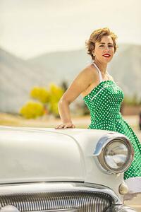 Ilustracija 1950s Woman Leaning on a Vintage Car, JasonDoiy