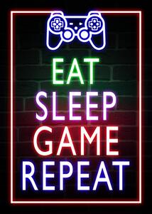Ilustracija Eat Sleep Game Repeat-Gaming Neon Quote, (30 x 40 cm)