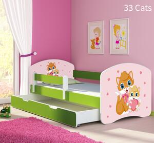 Dječji krevet ACMA s motivom, bočna zelena + ladica 140x70 cm 33-cats