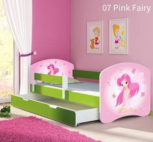 Dječji krevet ACMA s motivom, bočna zelena + ladica 160x80 cm 07-pink-fairy
