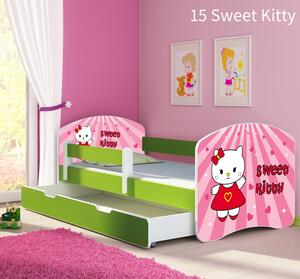 Dječji krevet ACMA s motivom, bočna zelena + ladica 140x70 cm 15 Sweet Kitty