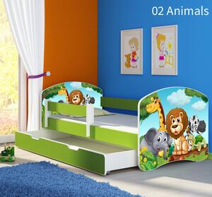Dječji krevet ACMA s motivom, bočna zelena + ladica 180x80 cm 02 Animals