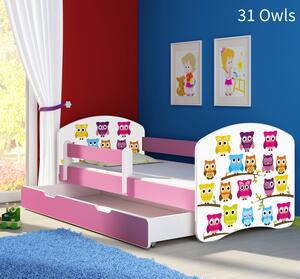 Dječji krevet ACMA s motivom, bočna roza + ladica 160x80 cm 31-owls