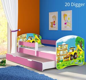 Dječji krevet ACMA s motivom, bočna roza + ladica 160x80 cm 20-digger