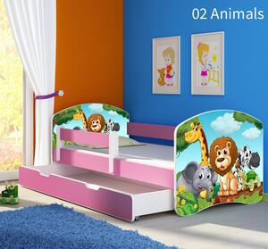 Dječji krevet ACMA s motivom, bočna roza + ladica 160x80 cm 02-animals