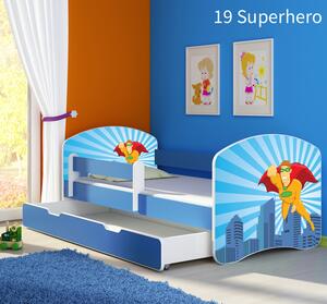 Dječji krevet ACMA s motivom, bočna plava + ladica 160x80 cm 19-superhero
