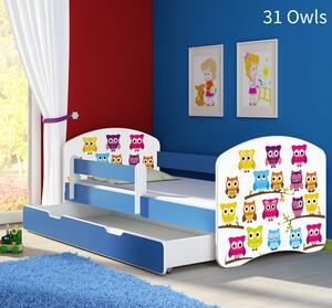 Dječji krevet ACMA s motivom, bočna plava + ladica 160x80 cm 31-owls