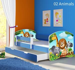 Dječji krevet ACMA s motivom, bočna plava + ladica 160x80 cm 02-animals