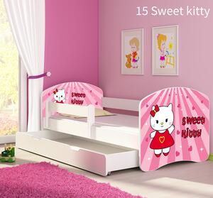 Dječji krevet ACMA s motivom, bočna bijela + ladica 140x70 cm 15 Sweet Kitty