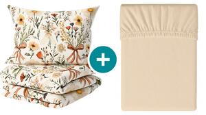 Set krep posteljine FLORAL RIBBON POLY šareno + plahta Jersey 180 x 200 cm svijetlo bež, dvostruko krevet