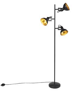 Industrijska podna svjetiljka crna sa zlatnim 3 svjetla - Tommy