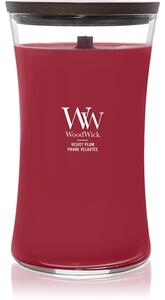 Woodwick Velvet Plum mirisna svijeća s drvenim fitiljem 609 g