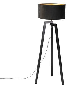 Podna svjetiljka stativ crno drvo s crnim hladom 50 cm - Puros