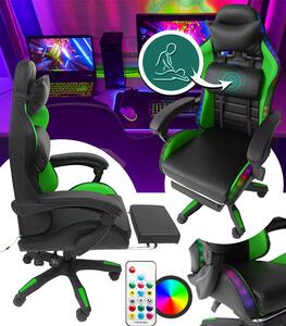 LED gaming stolica sa sklopivim osloncem za noge i funkcijom masaže - zelena