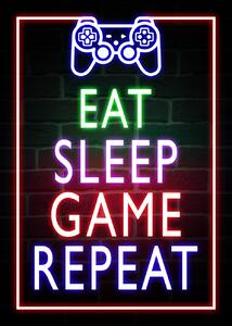 Umjetnički plakat Eat Sleep Game Repeat-Gaming Neon Quote, (30 x 40 cm)
