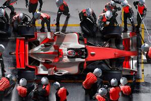 Umjetnička fotografija F1 pit crew working on F1 car., Jon Feingersh, (40 x 26.7 cm)