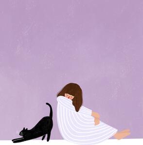 Ilustracija Girl and Cat, Bea Muller, (30 x 40 cm)