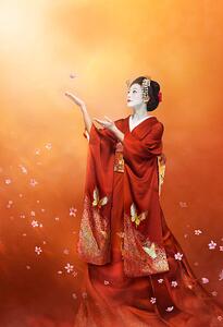 Umjetnički plakat Geisha in long red kimono catching a cherry blosso, Coneyl Jay, (26.7 x 40 cm)