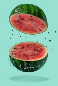 Umjetnička fotografija Watermelon sliced flying on pastel green, Amax Photo, (26.7 x 40 cm)
