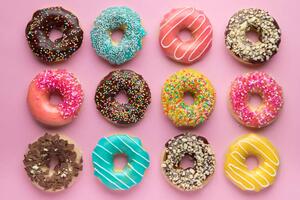 Umjetnička fotografija Colorful sweet background. Delicious glazed donuts, Alexandra Fedorova, (40 x 26.7 cm)