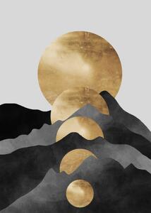 Ilustracija Abstract art golden mountains, traditional oriental, Luzhi Li