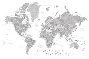 Karta We travel not to escape life, gray world map with cities, Blursbyai, (40 x 26.7 cm)
