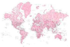 Karta Detailed pink watercolor world map, Damla, Blursbyai, (40 x 26.7 cm)
