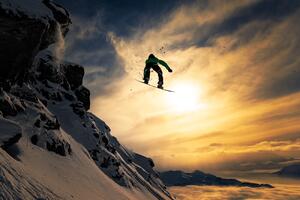 Umjetnička fotografija Sunset Snowboarding, Jakob Sanne, (40 x 26.7 cm)