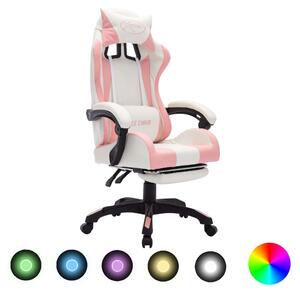 Igraća stolica s RGB LED svjetlima rozo-bijela od umjetne kože