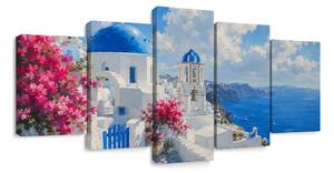 5-dijelna slika bijele kućice Santorinija uz more