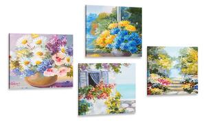 Set slika oslikano cvijeće u vazi s prirodom