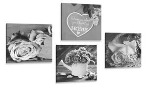 Set slika crno-bijelo cvijeće s natpisom Home