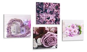 Set slika mrtva priroda boje lavande s cvijećem