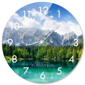 Okrugli stakleni sat s motivom planinskog jezera, 30 cm