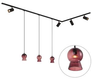 Moderni crni sustav tračnica s 4 reflektora i 3 ljubičaste viseće svjetiljke 1-fazni - Iconic Bell Jeana Luxe