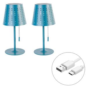 Set od 2 stolne lampe plave uključujući LED 3-stupanjska prigušivača, punjive i solarne - Ferre