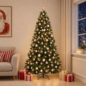 Umjetno božićno drvce tamnozeleno s kuglicama 210 cm - Tamnozelena Ø 106 x 210 cm s 300 LED dioda i ružičastim lopticama