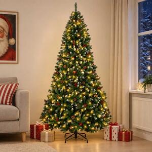 Umjetno božićno drvce sa šarkama 210 cm 300 LED lampica - Zelena sa zasnježenim vrhovima Ø 106 x 210 cm s 300 LED žaruljica
