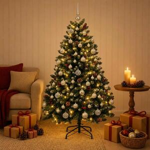 Umjetno božićno drvce zeleno s kuglicama 150 cm 150 LED lampica - Zelena s mraženim vrhovima Ø 80 x 150 cm s 150 LED dioda i sre