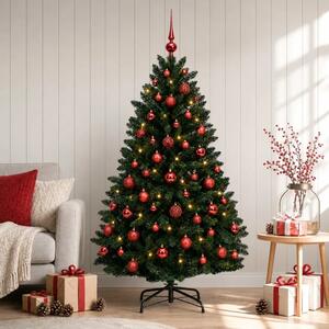 Umjetno božićno drvce tamnozeleno s kuglicama 150 cm - Tamnozelena Ø 80 x 150 cm s 150 LED dioda i crvenim lopticama