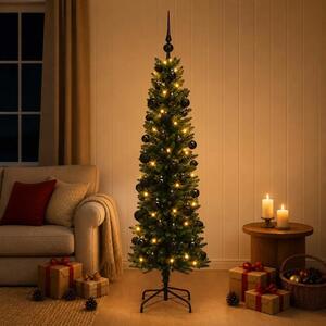 Umjetno usko božićno drvce s kuglicom 120 cm 150 LED lampica - 120 cm s LED-ima i crnim lopticama Zelena