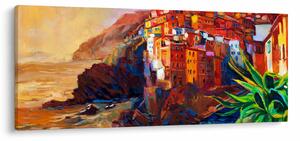 Slika - Vas na obali Cinque Terre, italijanska riviera, moderni impresionizem (120x50 cm)