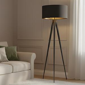 Lindby podna lampa Benik, tronožac, tekstil, crna/zlatna, 153cm, Crno, Dnevni boravak/blagovaonica, Tkanina / tekstil