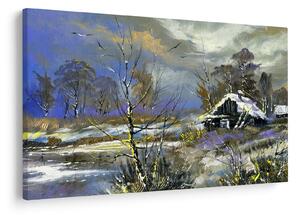 Slika koče v zimski pokrajini, oljna slika (90x60 cm)