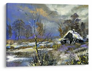 Slika koče v zimski pokrajini, oljna slika (70x50 cm)