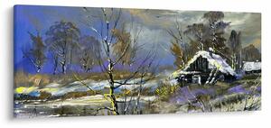 Slika koče v zimski pokrajini, oljna slika (120x50 cm)