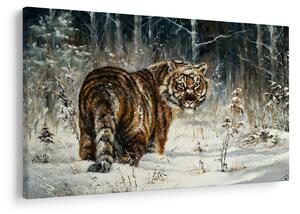 Slika - Tiger v zasneženem gozdu, oljna slika (90x60 cm)